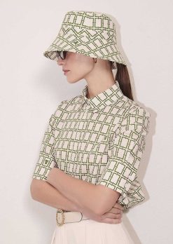 TARA JARMON Chapeau Bob Ecru Avec Design Graphique Vert Clearance