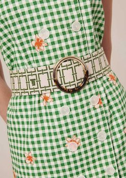 TARA JARMON Ceinture En Cuir Lauren Ecru Avec Motif Graphique Vert Clearance