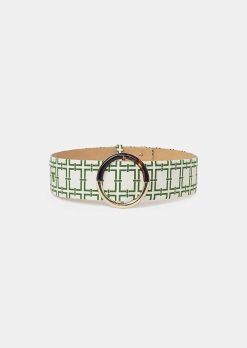 TARA JARMON Ceinture En Cuir Lauren Ecru Avec Motif Graphique Vert Clearance