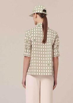 TARA JARMON Chemise En Popeline Cameron Ecru Avec Motif Graphique Vert New