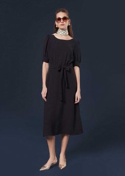 TARA JARMON Robe Rillytis En Crepe Bleu Nuit New