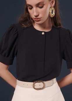 TARA JARMON Blouse En Crepe Bleu Nuit Tourterelle New