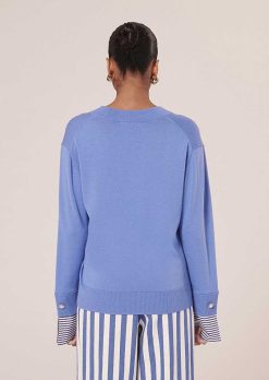 TARA JARMON Pull Bleu Primrose En Coton Et Laine Merinos Extrafine New