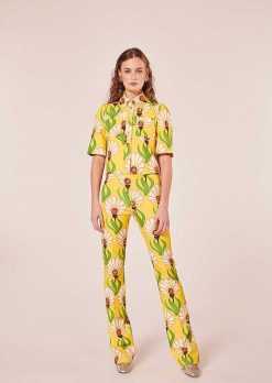 TARA JARMON Pantalon Imprime Fleurs Jaunes Paivan Wholesale